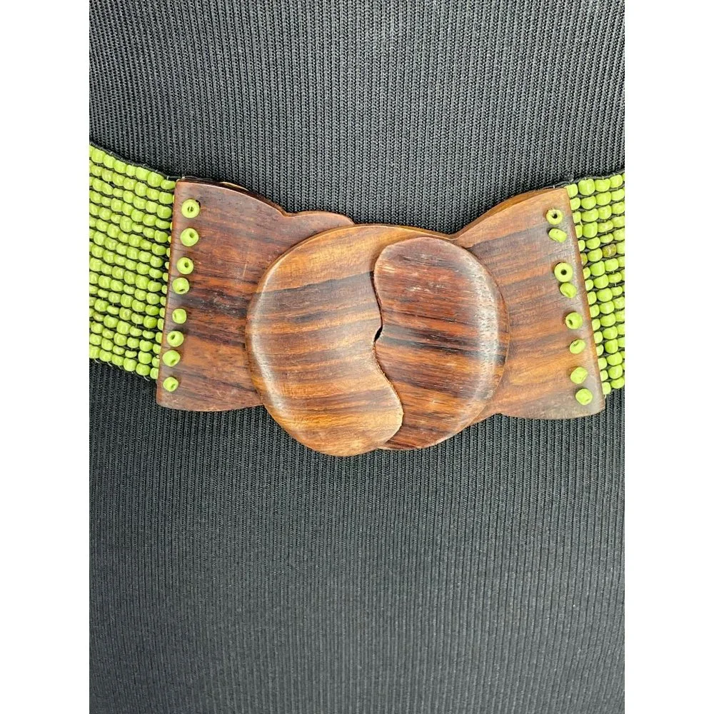 Vintage Elastic Lime Green Handmade Glass Beaded Wooden Clasp 70’s Boho Chic Sty